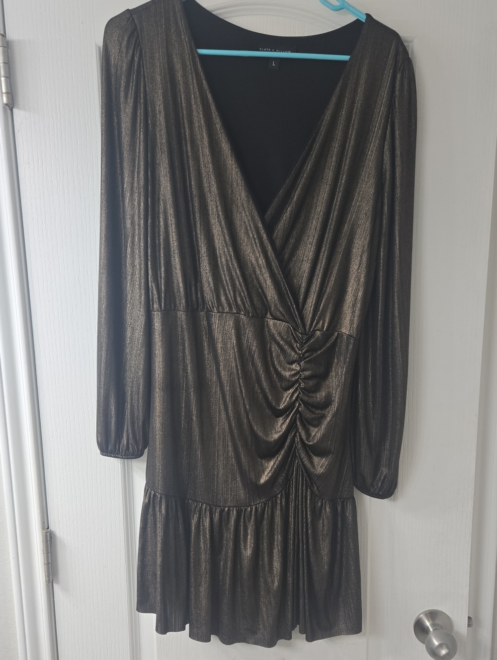 Slate & Willow Metallic Bronze Ruched V-Neck Long-Sleeve Dress
